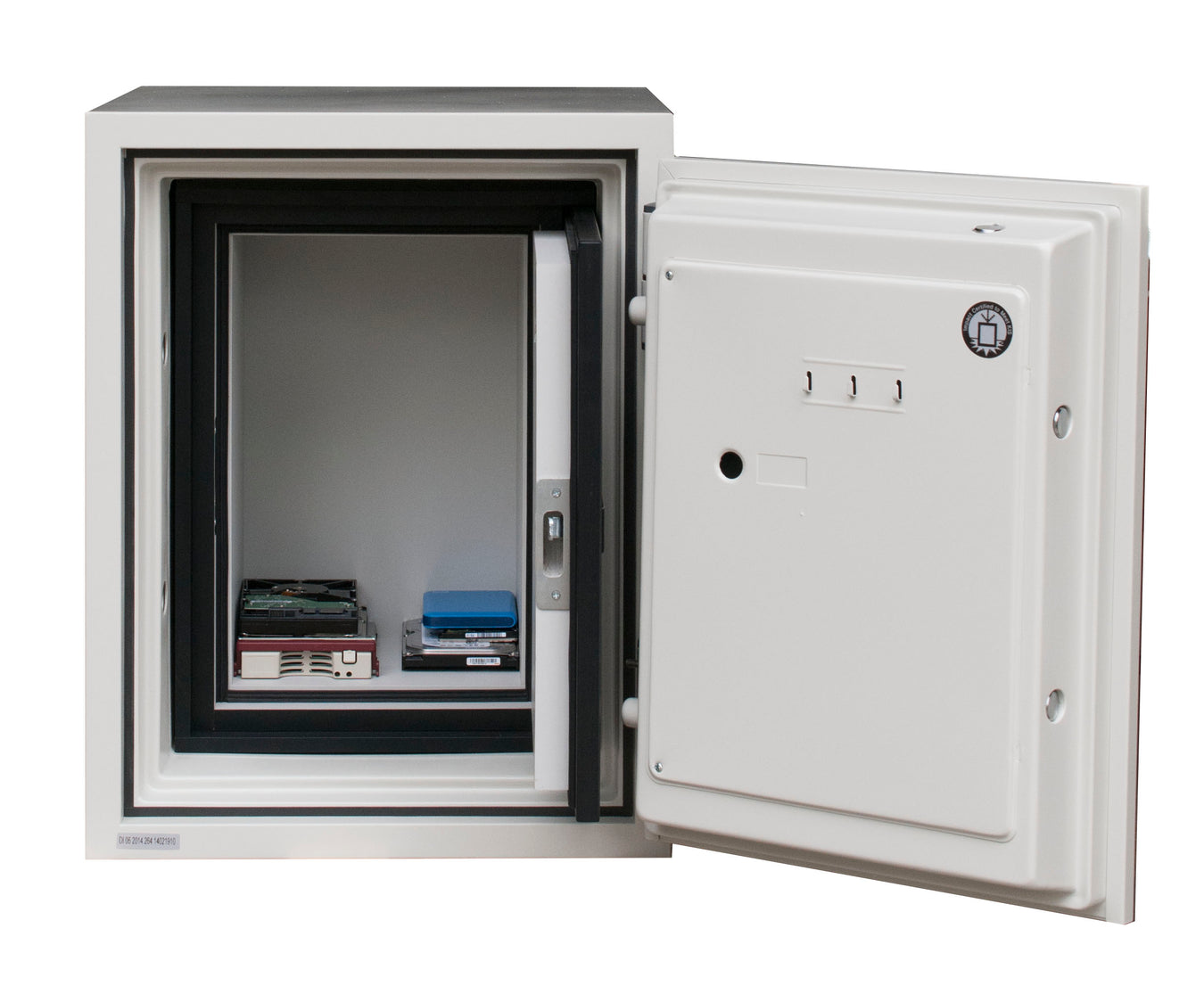 Fireproof media safe with tape cartridges and hard drives