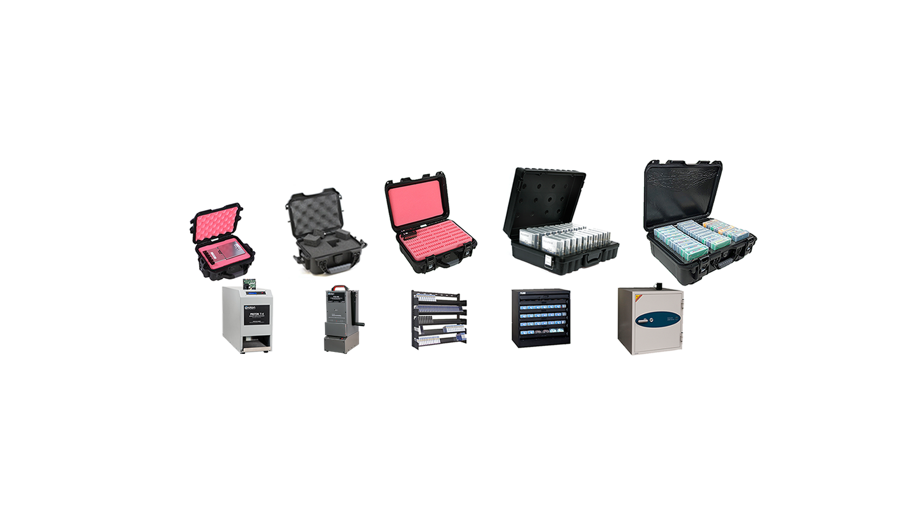 sample of products - protective cases, media racks, fireproof media safes