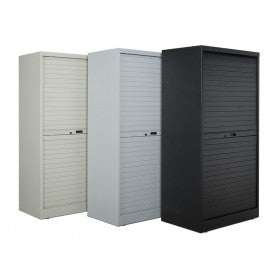 3 Lockable Media cabinets in beige, gray, and black